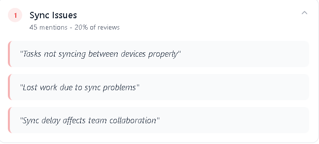 Screenshot showing the 'Sync Issues' pain point with real user quotes